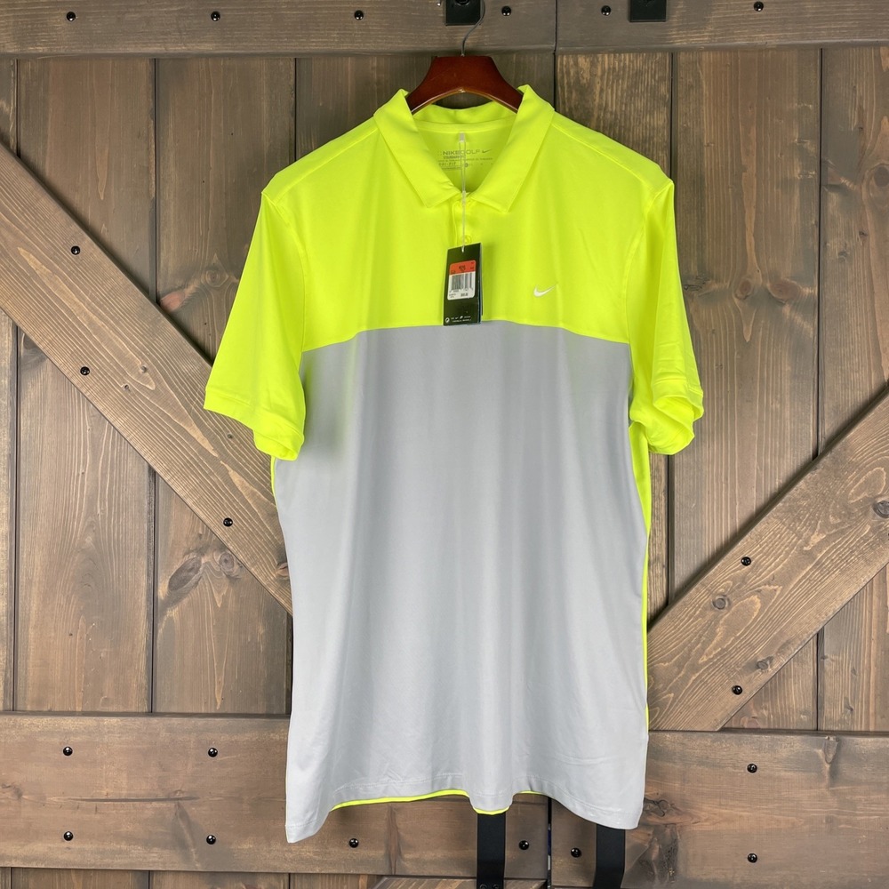 NWT Nike Golf Polo Shirt Dri Fit Short Sleeves Color Block Neon Yellow/Gray L